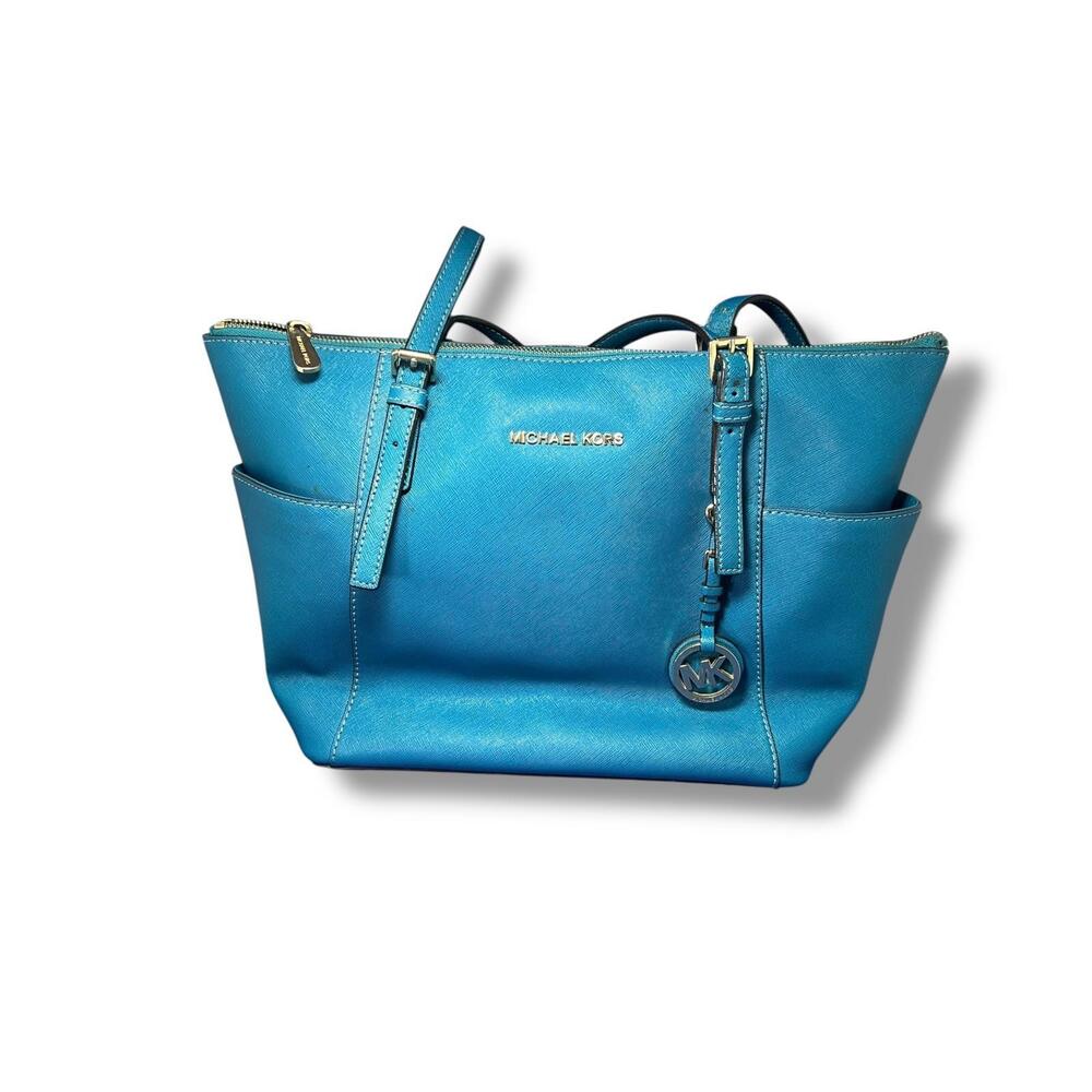 Michael Kors Jet Set Tote‎ Blue Saffiano Leather Bag Gold Logo – Wear on Handles